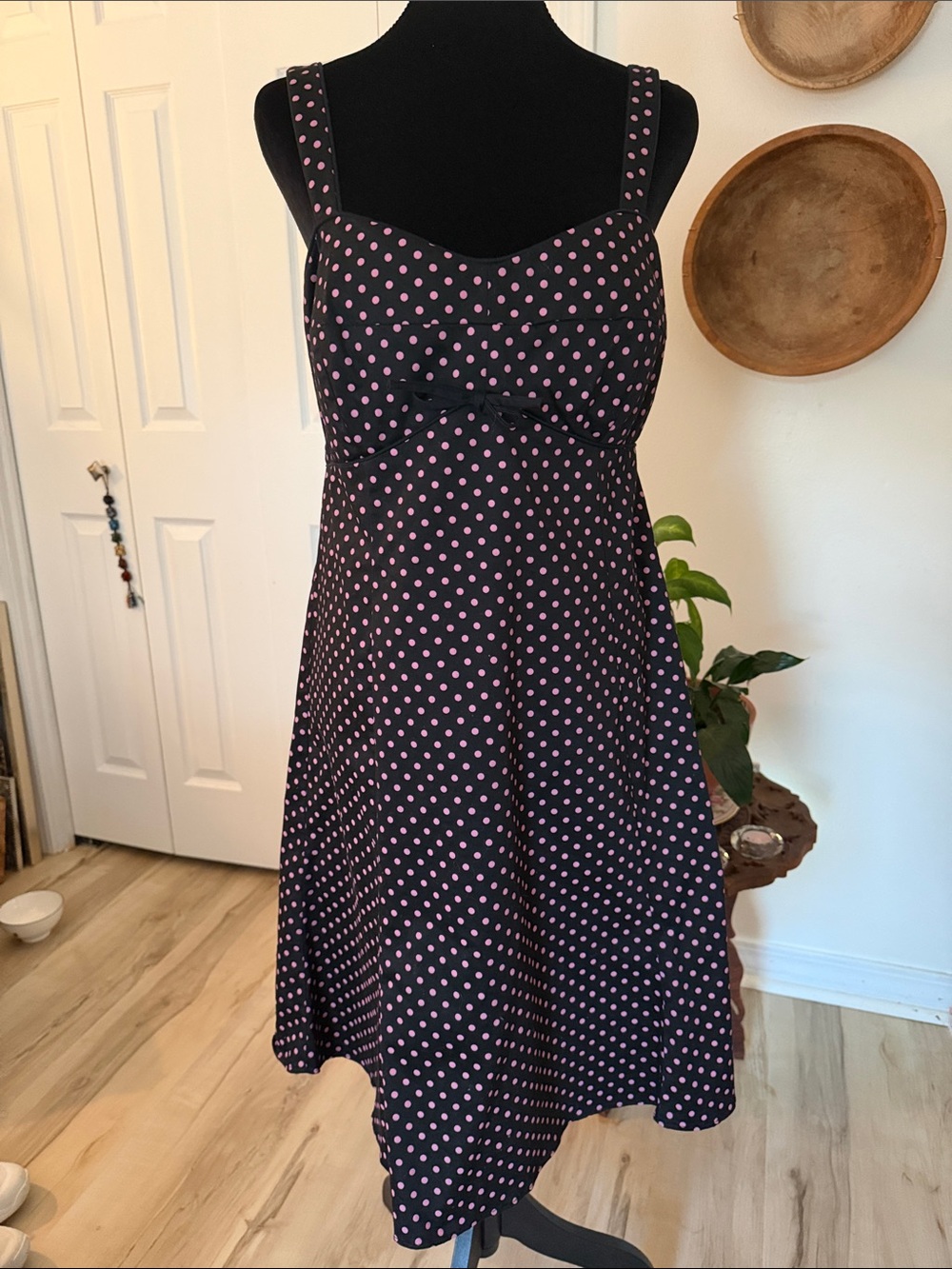 Vintage karin stevens Navy Midi Dress with Pink Polka Dots